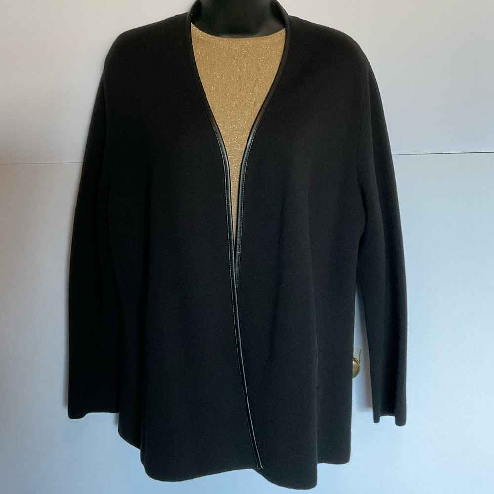 Talbots black cardigan with faux leather trim. Large petite.
